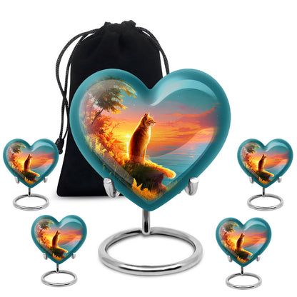 Soft Teal Cat Cremation Urn close-up of engraving and surface detail - heart-shaped cat design symbolizing eternal love - memorial set with one large and four small urns