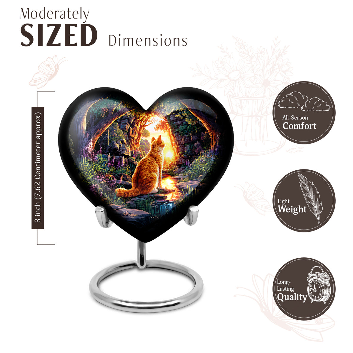 Grape Purple Cat Cremation Urn front view showing detailed design - romantic heart urn with cat motif on aluminum - mini keepsake memorial for portion of cremation ashes