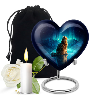 Steel Blue Cat Cremation Urn detail view - compassionate heart-cat combination with gentle curves - full-size 10 inch 200 cubic inch adult cremation urn