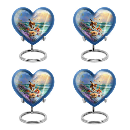 Pastel Blue Cat Cremation Urn angled view of lid and engraved motif - loving heart memorial featuring cat pattern - 10 inch aluminum urn for cremated remains
