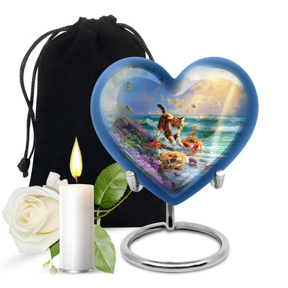 Cornflower Blue Cat Cremation Urn detail view - romantic heart urn with cat motif on aluminum - full-size 10 inch 200 cubic inch adult cremation urn