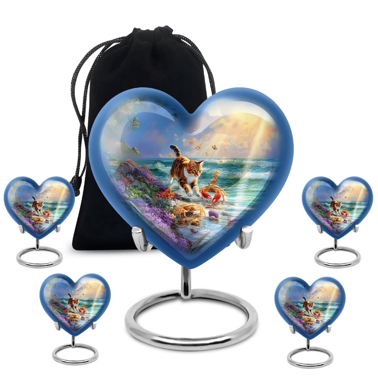 Powder Blue Cat Cremation Urn close-up of engraving and surface detail - loving heart memorial featuring cat pattern - memorial set with one large and four small urns
