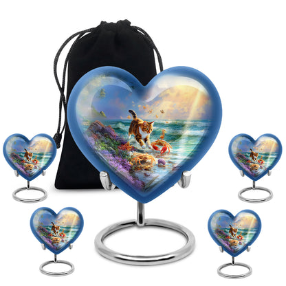 Powder Blue Cat Cremation Urn close-up of engraving and surface detail - loving heart memorial featuring cat pattern - memorial set with one large and four small urns