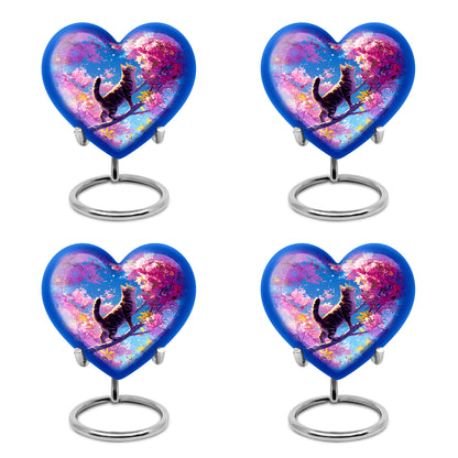 Vivid Blue Cat Cremation Urn angled view of lid and engraved motif - compassionate heart-cat combination with gentle curves - 10 inch aluminum urn for cremated remains