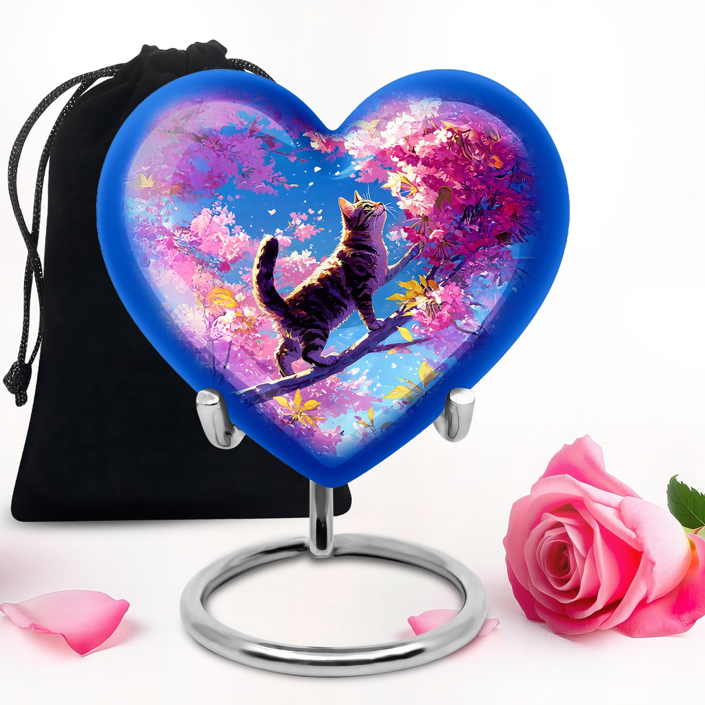 Powder Blue Cat Cremation Urn detail view - heart-shaped cat design symbolizing eternal love - full-size 10 inch 200 cubic inch adult cremation urn
