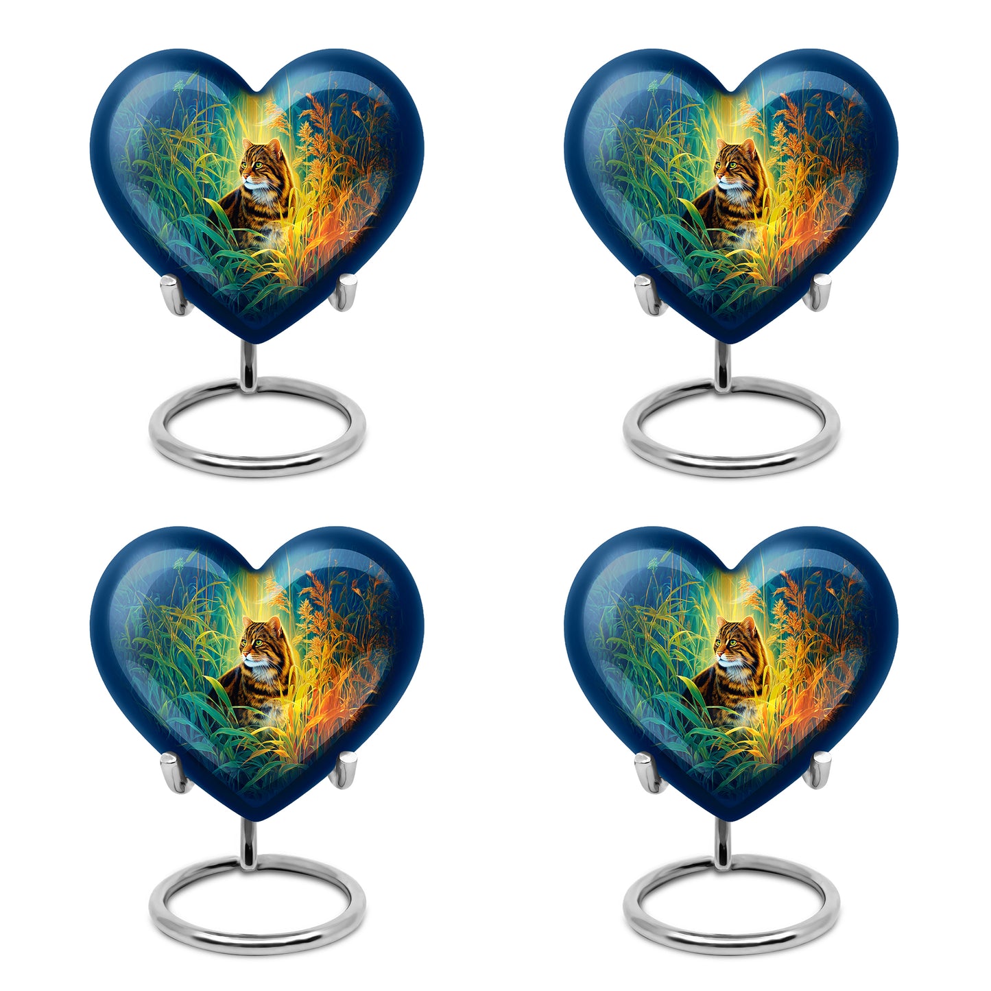 Slate Blue Cat Cremation Urn angled view of lid and engraved motif - loving heart memorial featuring cat pattern - 10 inch aluminum urn for cremated remains