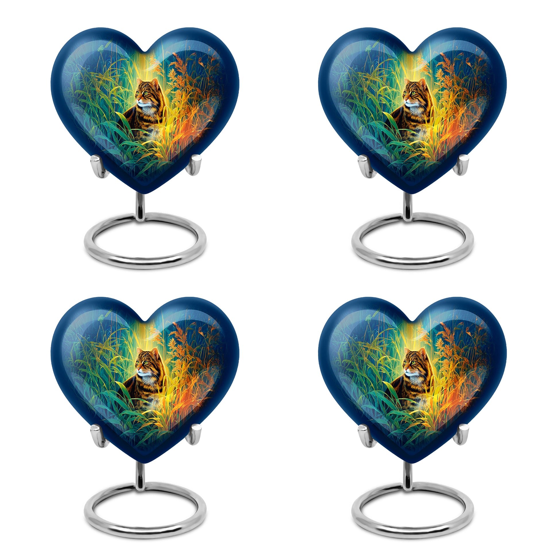 Slate Blue Cat Cremation Urn angled view of lid and engraved motif - loving heart memorial featuring cat pattern - 10 inch aluminum urn for cremated remains