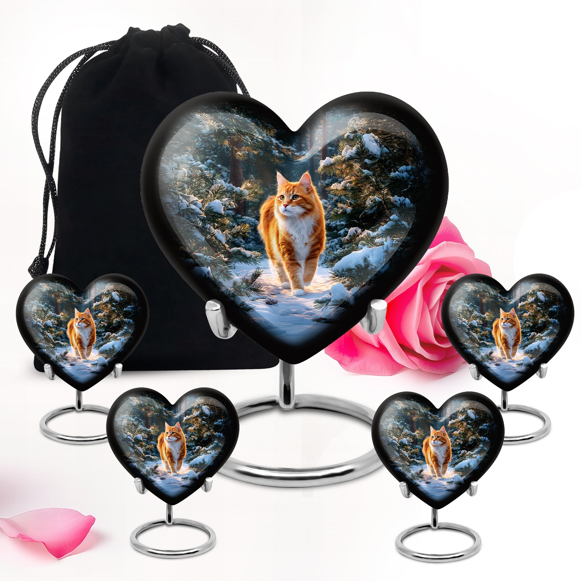 Celestial Blue Cat Cremation Urn close-up of engraving and surface detail - loving heart memorial featuring cat pattern - memorial set with one large and four small urns