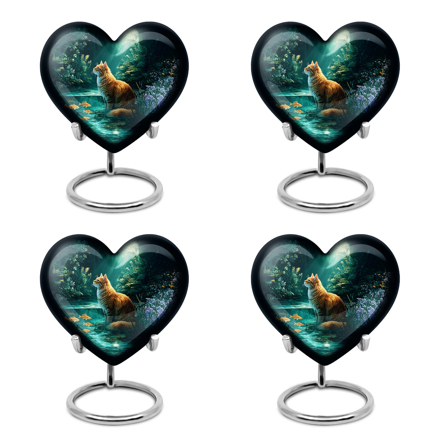 Jewel Teal Cat Cremation Urn angled view of lid and engraved motif - loving heart memorial featuring cat pattern - 10 inch aluminum urn for cremated remains