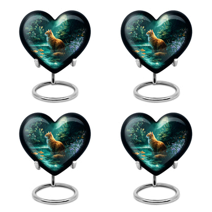 Jewel Teal Cat Cremation Urn angled view of lid and engraved motif - loving heart memorial featuring cat pattern - 10 inch aluminum urn for cremated remains