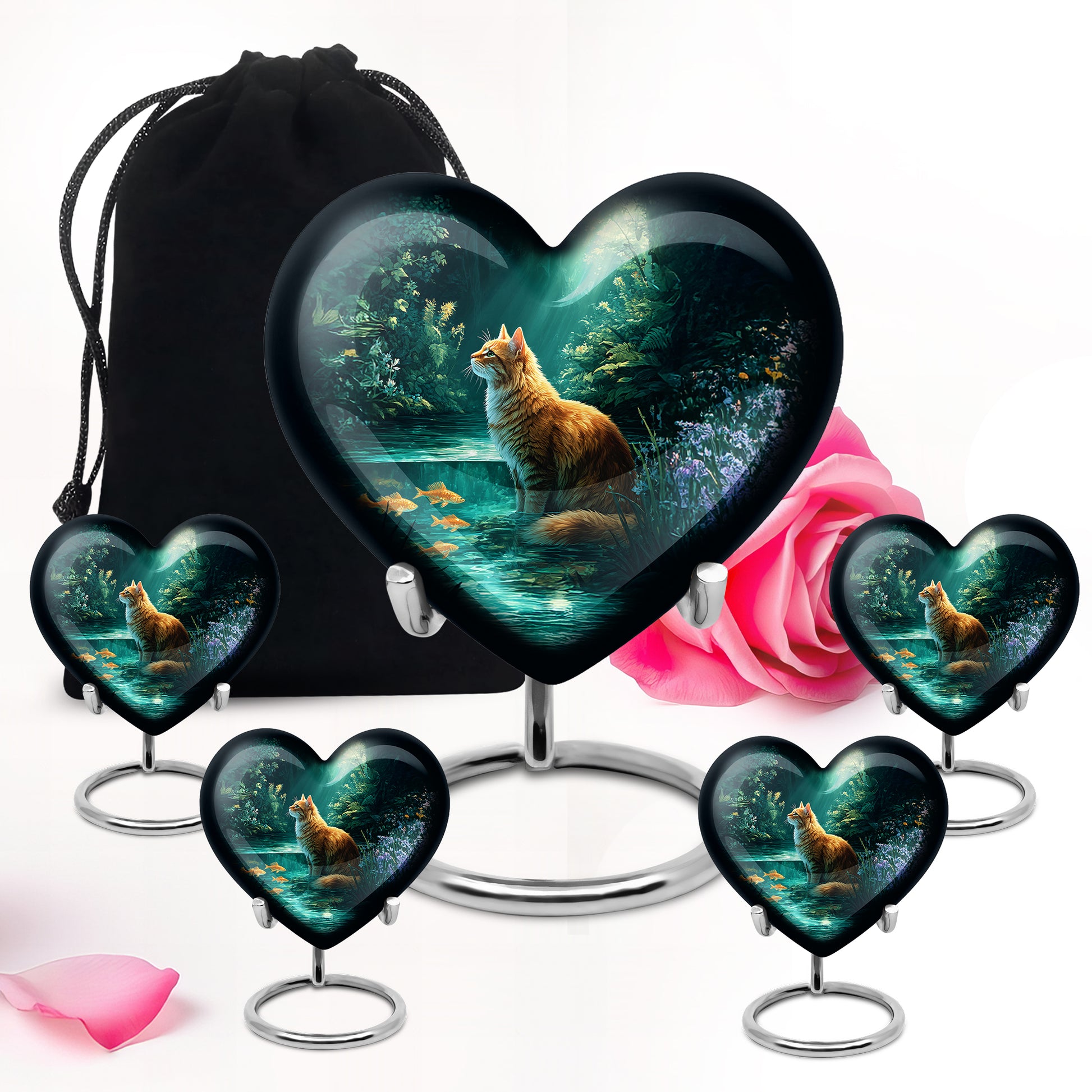 Deep Teal Cat Cremation Urn close-up of engraving and surface detail - romantic heart urn with cat motif on aluminum - memorial set with one large and four small urns