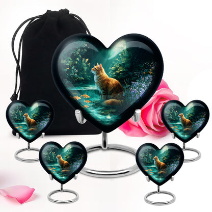 Deep Teal Cat Cremation Urn close-up of engraving and surface detail - romantic heart urn with cat motif on aluminum - memorial set with one large and four small urns