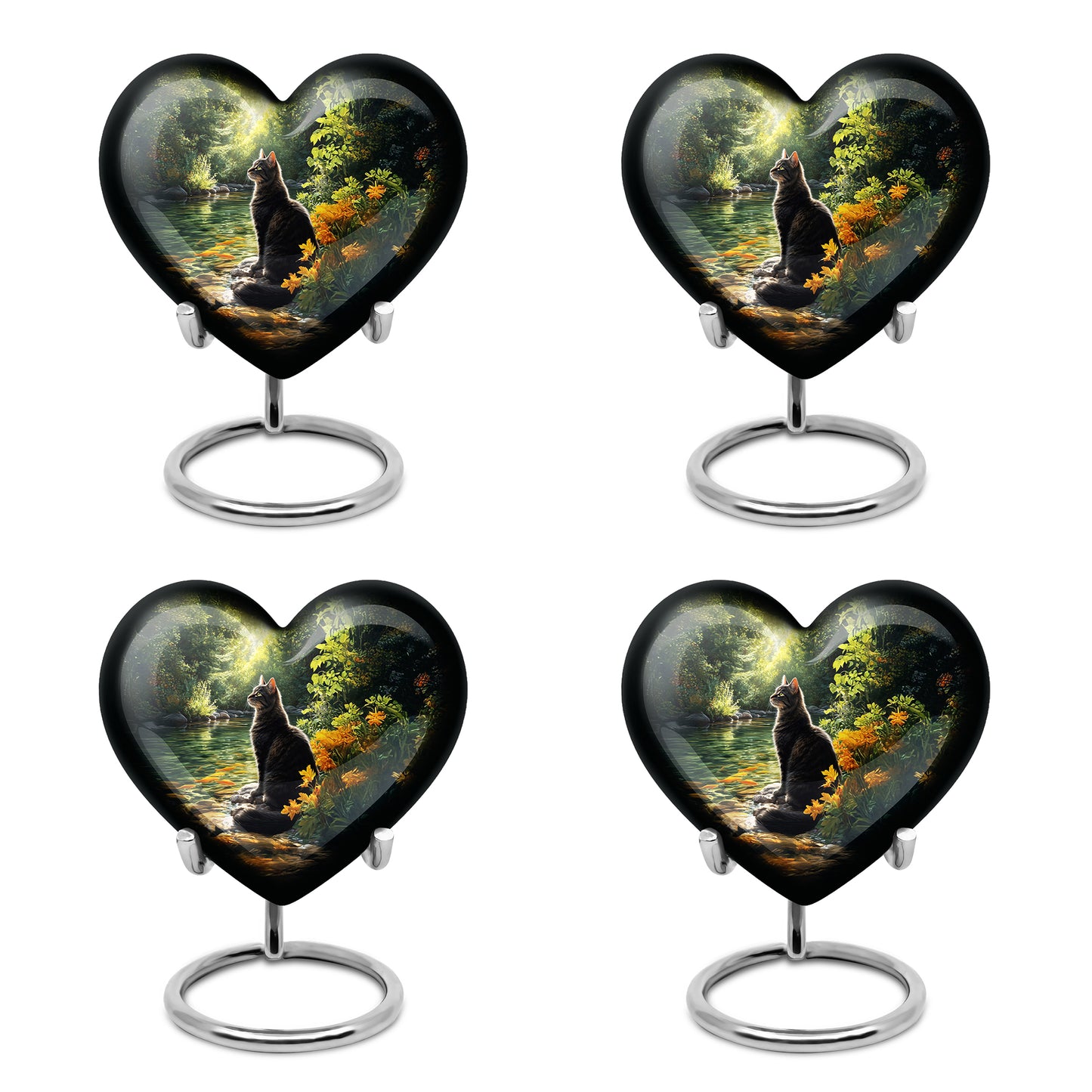 Midnight Black Cat Cremation Urn angled view of lid and engraved motif - compassionate heart-cat combination with gentle curves - 10 inch aluminum urn for cremated remains