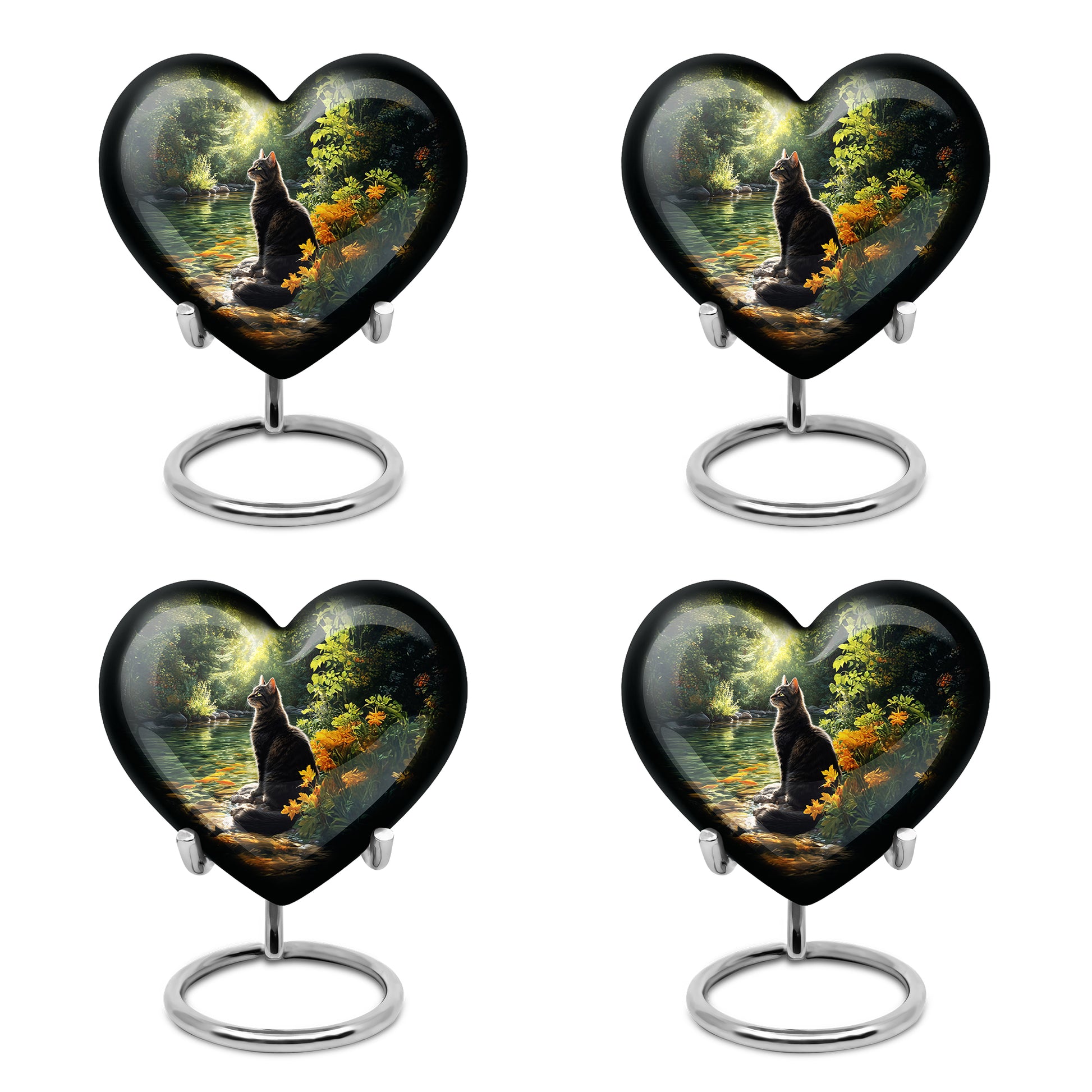 Midnight Black Cat Cremation Urn angled view of lid and engraved motif - compassionate heart-cat combination with gentle curves - 10 inch aluminum urn for cremated remains