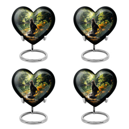 Midnight Black Cat Cremation Urn angled view of lid and engraved motif - compassionate heart-cat combination with gentle curves - 10 inch aluminum urn for cremated remains