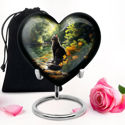 Deep Black Cat Cremation Urn detail view - loving heart memorial featuring cat pattern - full-size 10 inch 200 cubic inch adult cremation urn
