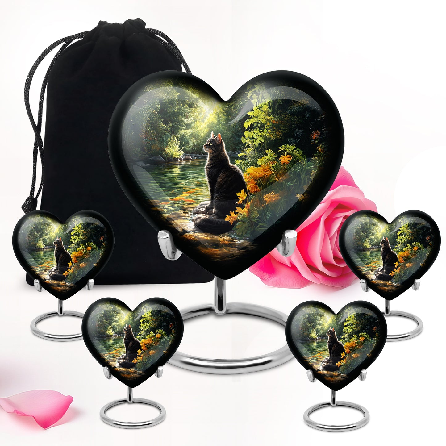 Obsidian Black Cat Cremation Urn close-up of engraving and surface detail - compassionate heart-cat combination with gentle curves - memorial set with one large and four small urns
