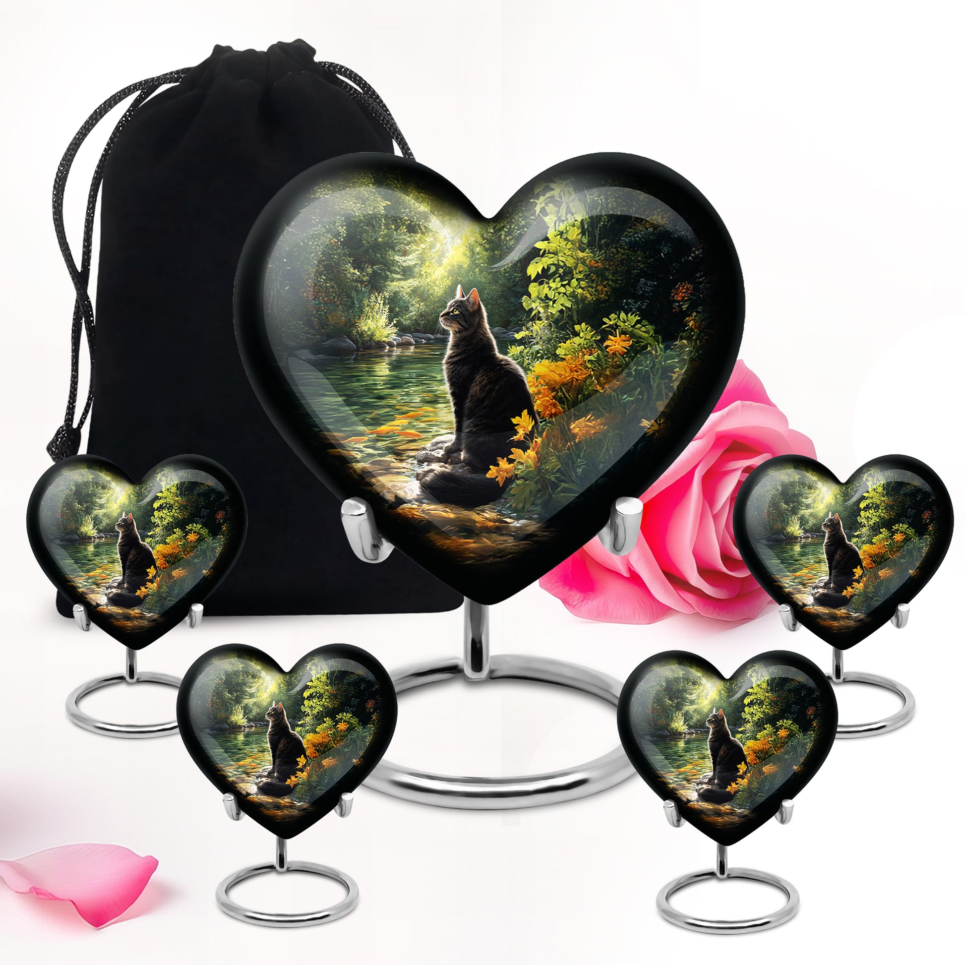 Obsidian Black Cat Cremation Urn close-up of engraving and surface detail - compassionate heart-cat combination with gentle curves - memorial set with one large and four small urns