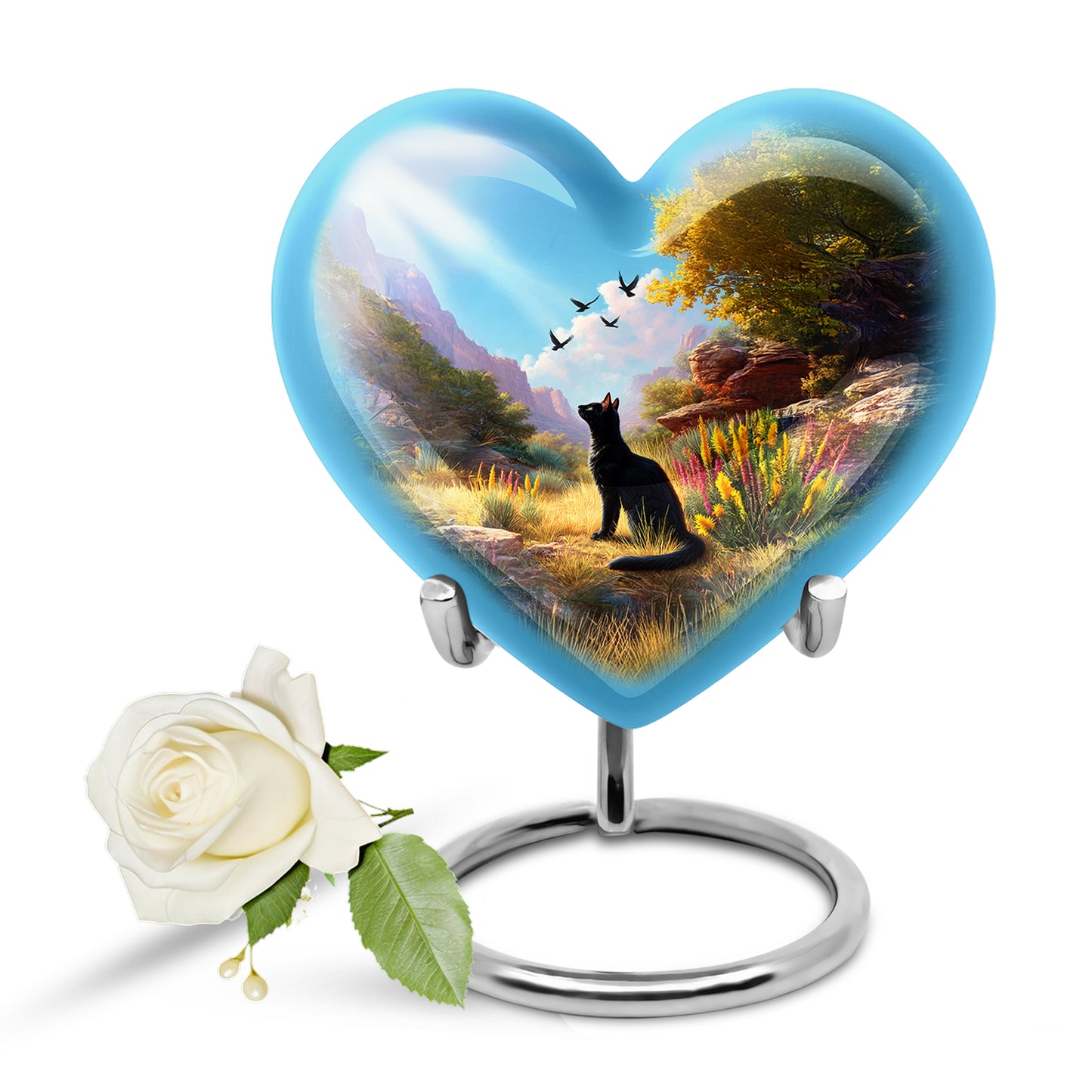 Blue Comforting Cat Memorial Urn for Ashes - 10-inch, 200 cu in - Yatskia