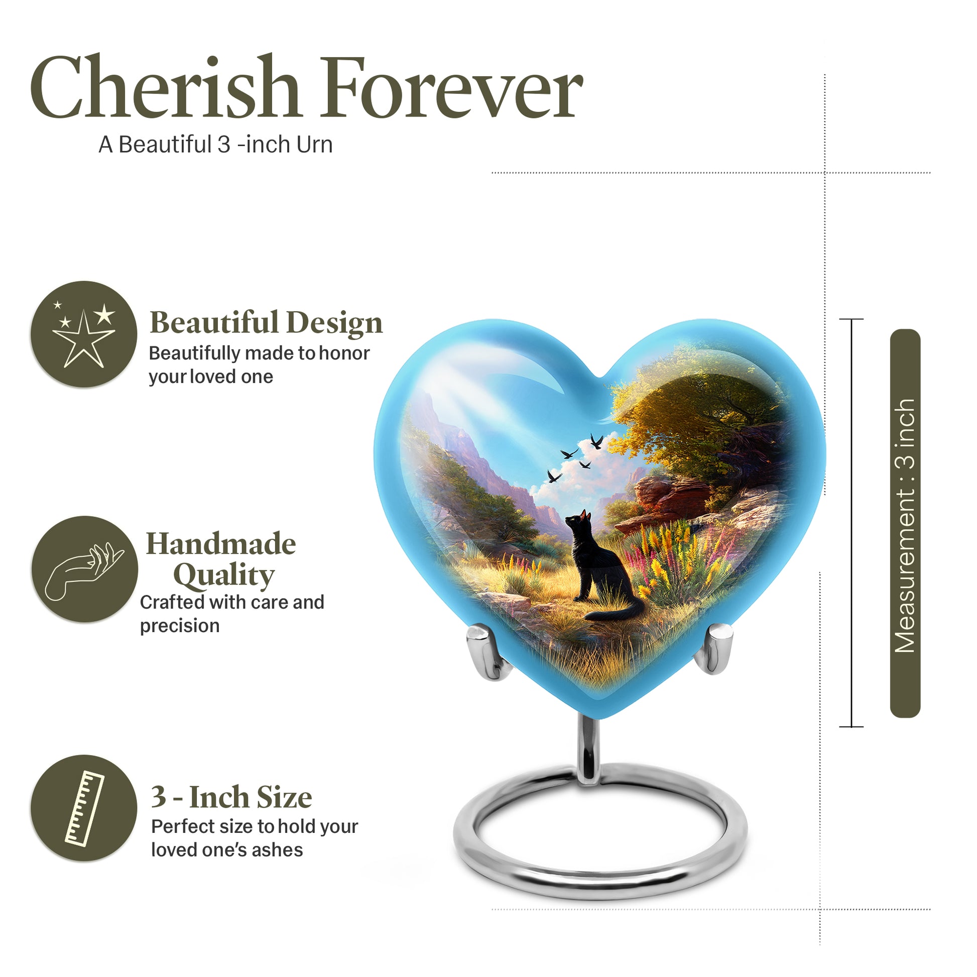 Steel Blue Cat Cremation Urn front view showing detailed design - compassionate heart-cat combination with gentle curves - mini keepsake memorial for portion of cremation ashes