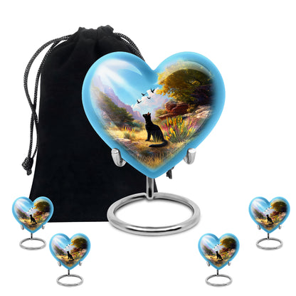 Navy Blue Cat Cremation Urn close-up of engraving and surface detail - heart-shaped cat design symbolizing eternal love - memorial set with one large and four small urns