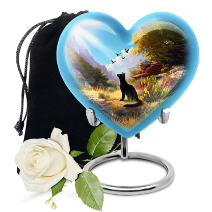 Celestial Blue Cat Cremation Urn detail view - loving heart memorial featuring cat pattern - full-size 10 inch 200 cubic inch adult cremation urn