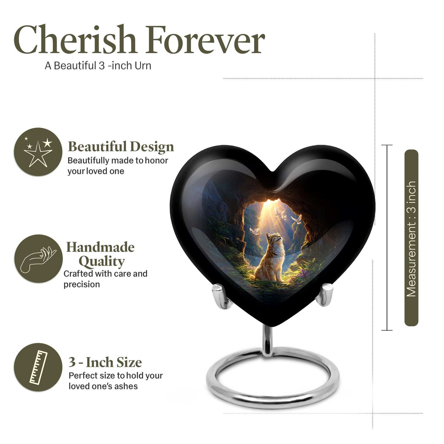 Rich Red Cat Cremation Urn front view showing detailed design - romantic heart urn with cat motif on aluminum - mini keepsake memorial for portion of cremation ashes