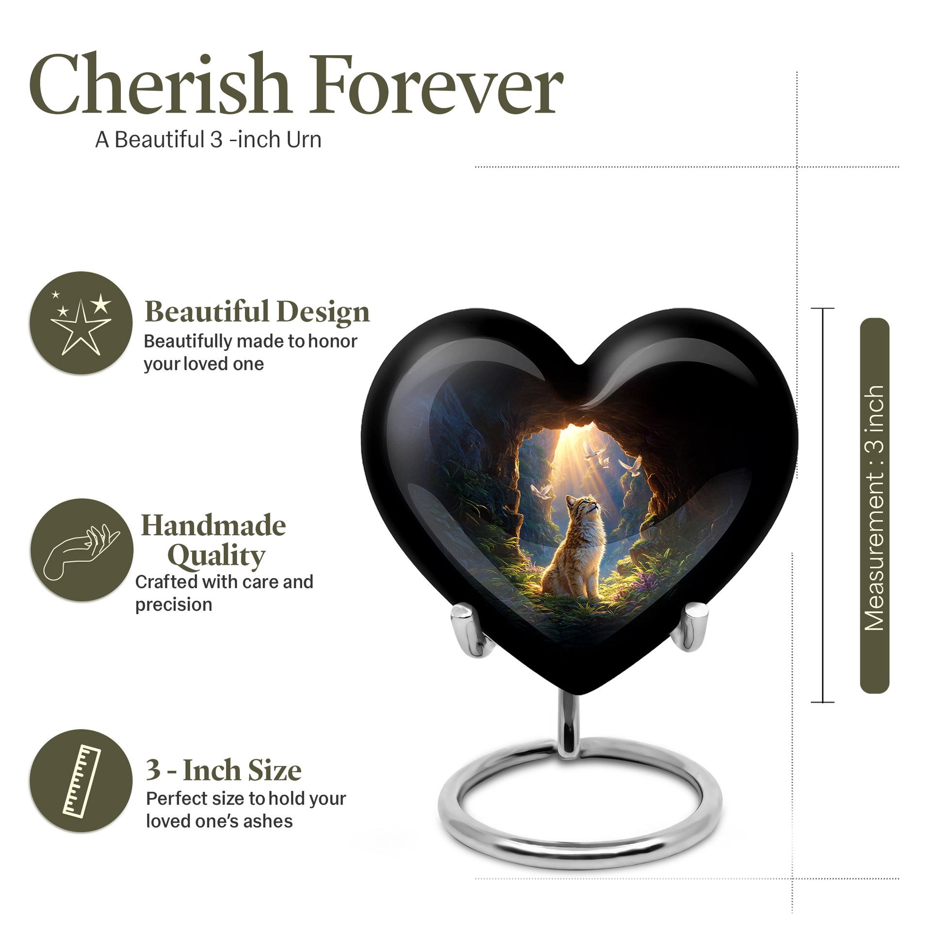 Rich Red Cat Cremation Urn front view showing detailed design - romantic heart urn with cat motif on aluminum - mini keepsake memorial for portion of cremation ashes