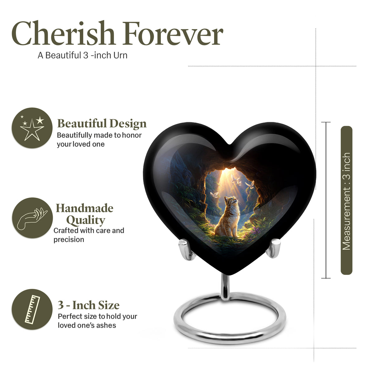 Rich Red Cat Cremation Urn front view showing detailed design - romantic heart urn with cat motif on aluminum - mini keepsake memorial for portion of cremation ashes