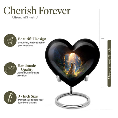 Rich Red Cat Cremation Urn front view showing detailed design - romantic heart urn with cat motif on aluminum - mini keepsake memorial for portion of cremation ashes