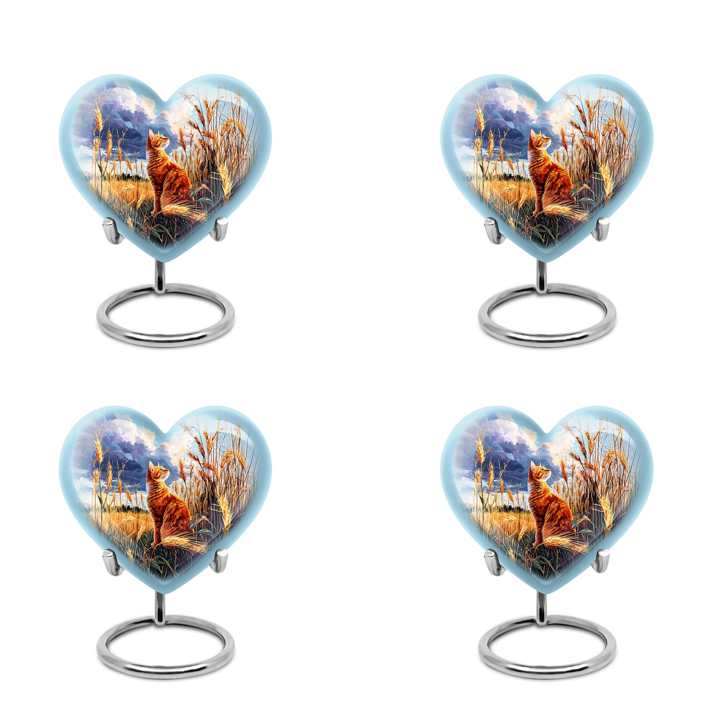 Sky Blue Cat Cremation Urn angled view of lid and engraved motif - heart-shaped cat design symbolizing eternal love - 10 inch aluminum urn for cremated remains
