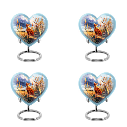 Sky Blue Cat Cremation Urn angled view of lid and engraved motif - heart-shaped cat design symbolizing eternal love - 10 inch aluminum urn for cremated remains
