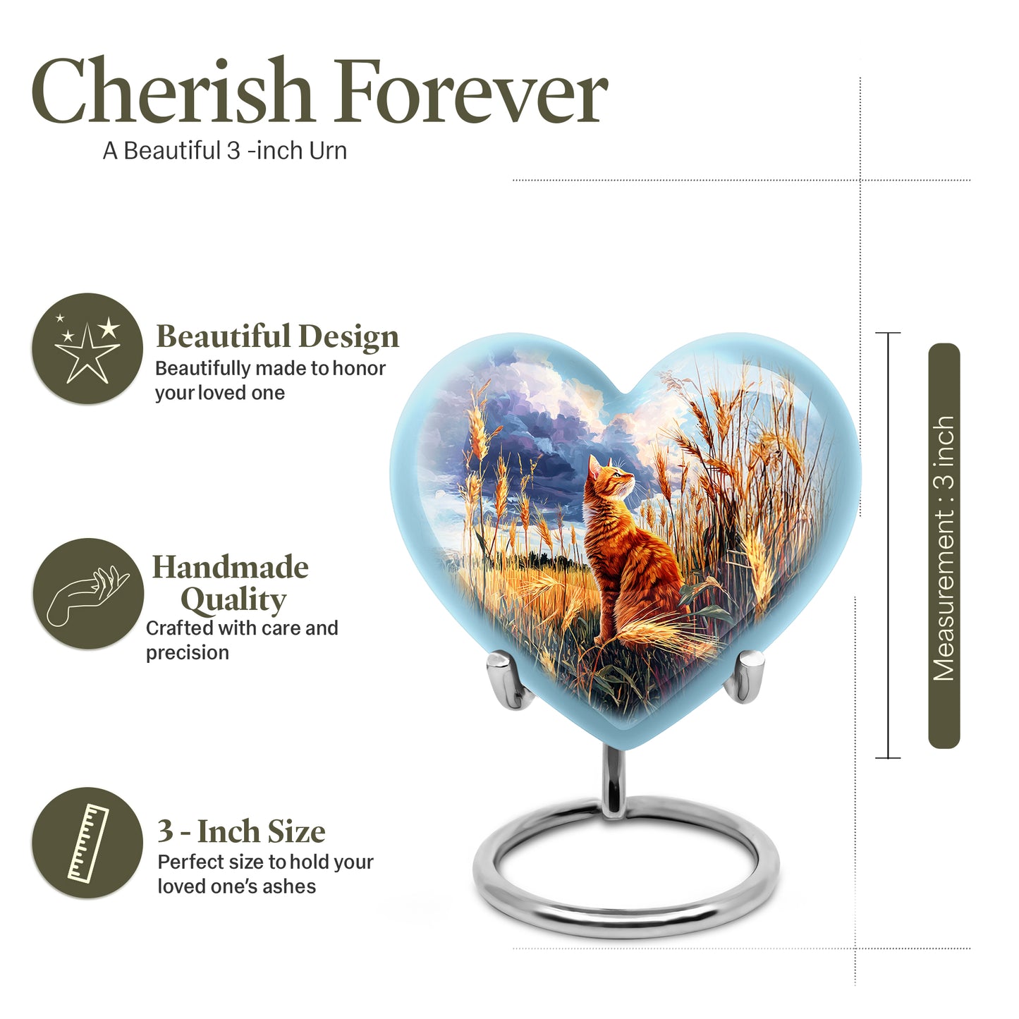 Soft Blue Cat Cremation Urn front view showing detailed design - compassionate heart-cat combination with gentle curves - mini keepsake memorial for portion of cremation ashes