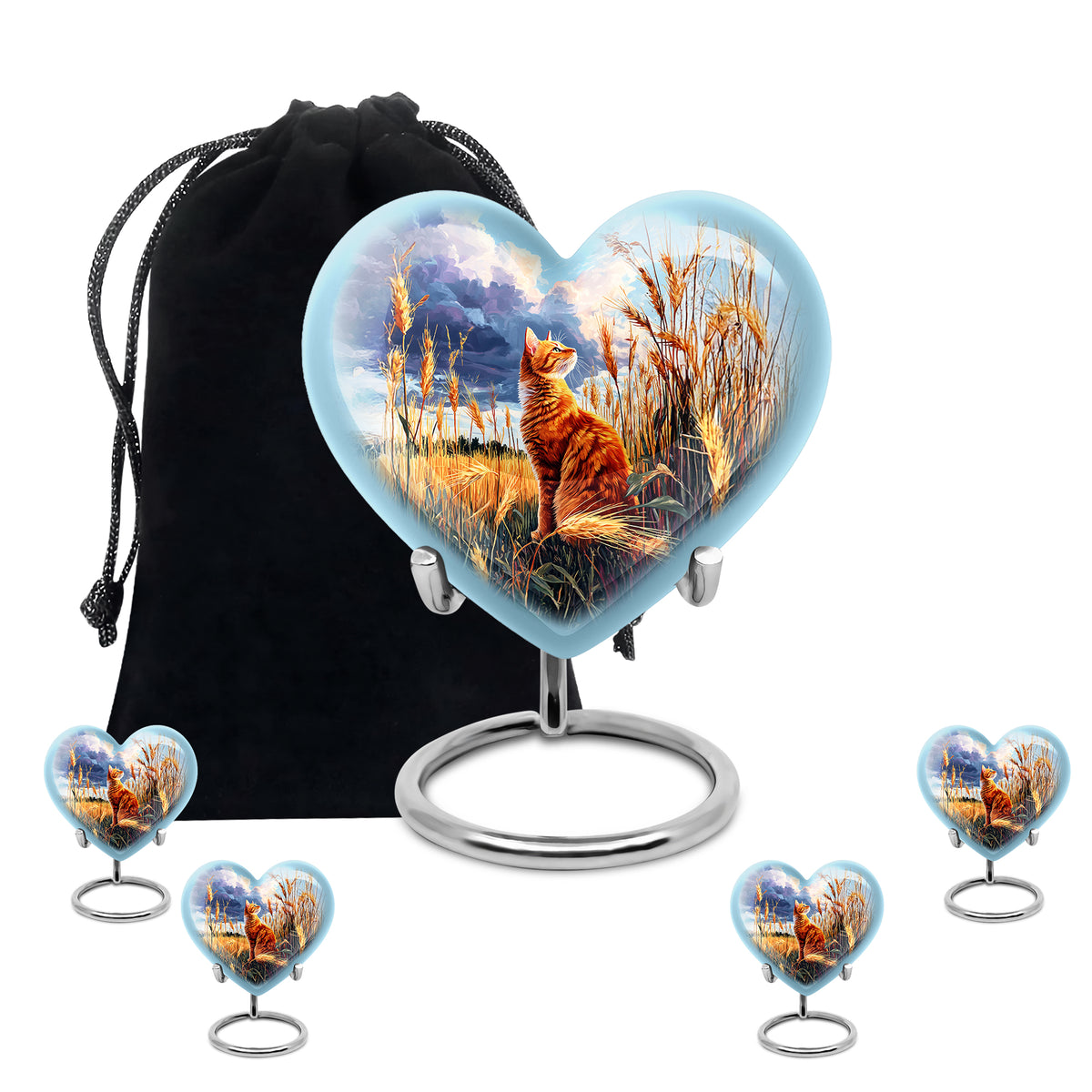 Azure Cat Cremation Urn close-up of engraving and surface detail - heart-shaped cat design symbolizing eternal love - memorial set with one large and four small urns