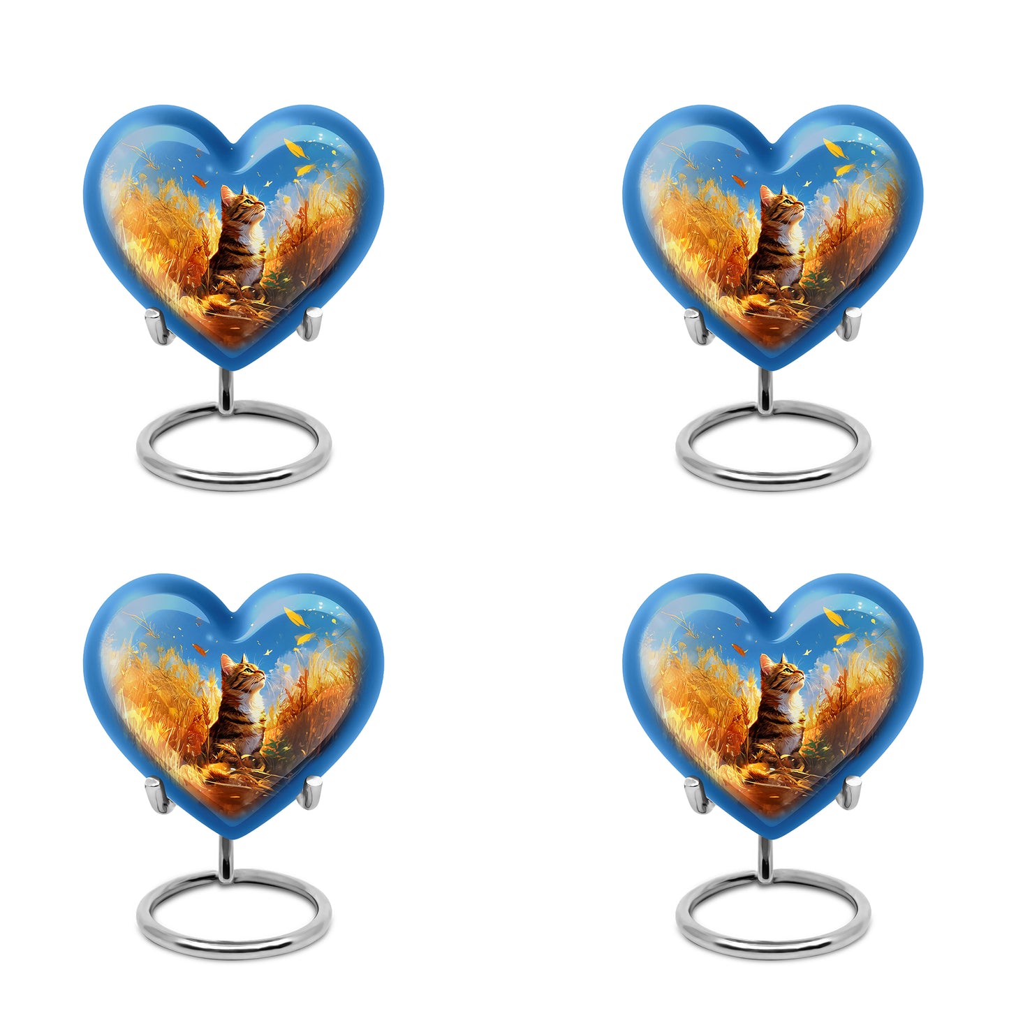 Vivid Blue Cat Cremation Urn angled view of lid and engraved motif - romantic heart urn with cat motif on aluminum - 10 inch aluminum urn for cremated remains