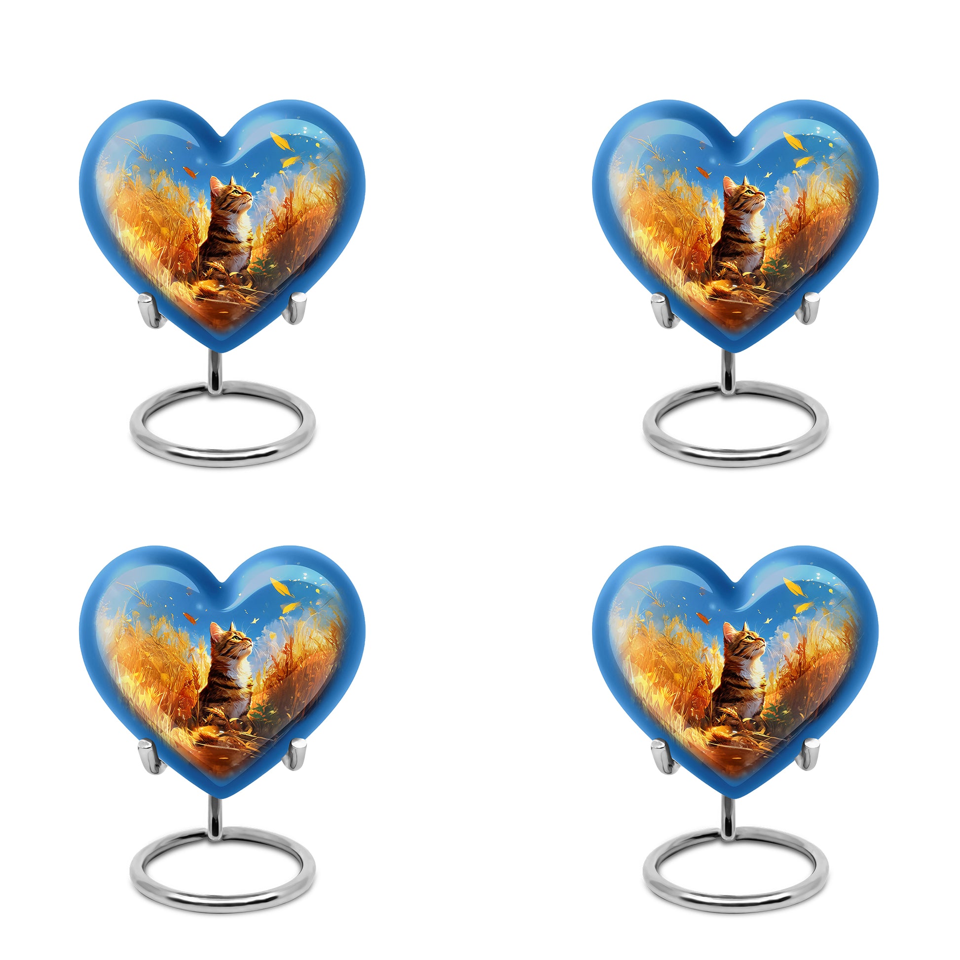 Vivid Blue Cat Cremation Urn angled view of lid and engraved motif - romantic heart urn with cat motif on aluminum - 10 inch aluminum urn for cremated remains