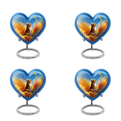 Vivid Blue Cat Cremation Urn angled view of lid and engraved motif - romantic heart urn with cat motif on aluminum - 10 inch aluminum urn for cremated remains