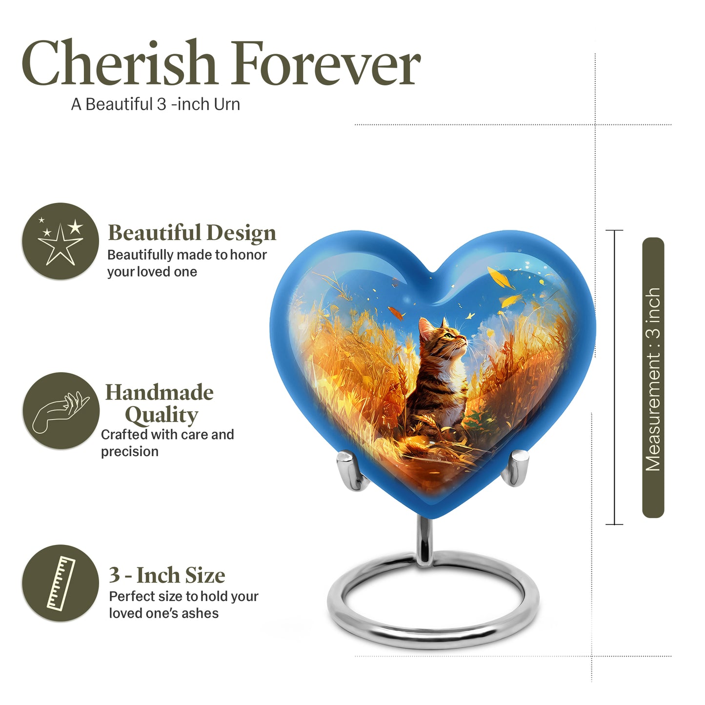 Serene Blue Cat Cremation Urn front view showing detailed design - romantic heart urn with cat motif on aluminum - mini keepsake memorial for portion of cremation ashes