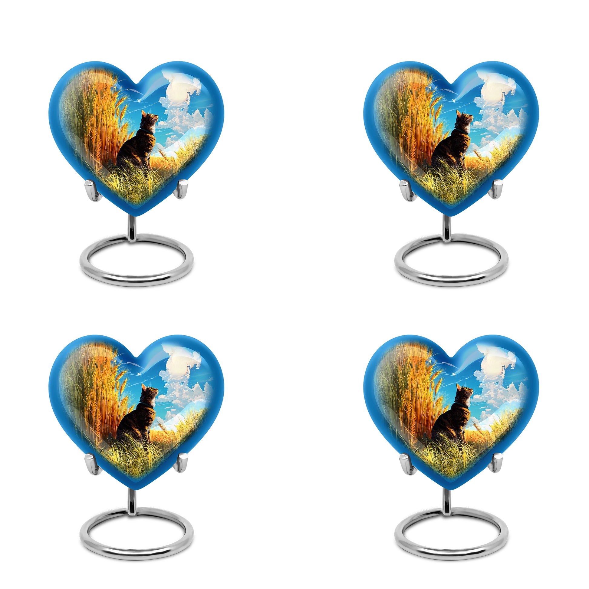 Pastel Blue Cat Cremation Urn angled view of lid and engraved motif - heart-shaped cat design symbolizing eternal love - 10 inch aluminum urn for cremated remains