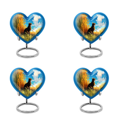 Pastel Blue Cat Cremation Urn angled view of lid and engraved motif - heart-shaped cat design symbolizing eternal love - 10 inch aluminum urn for cremated remains