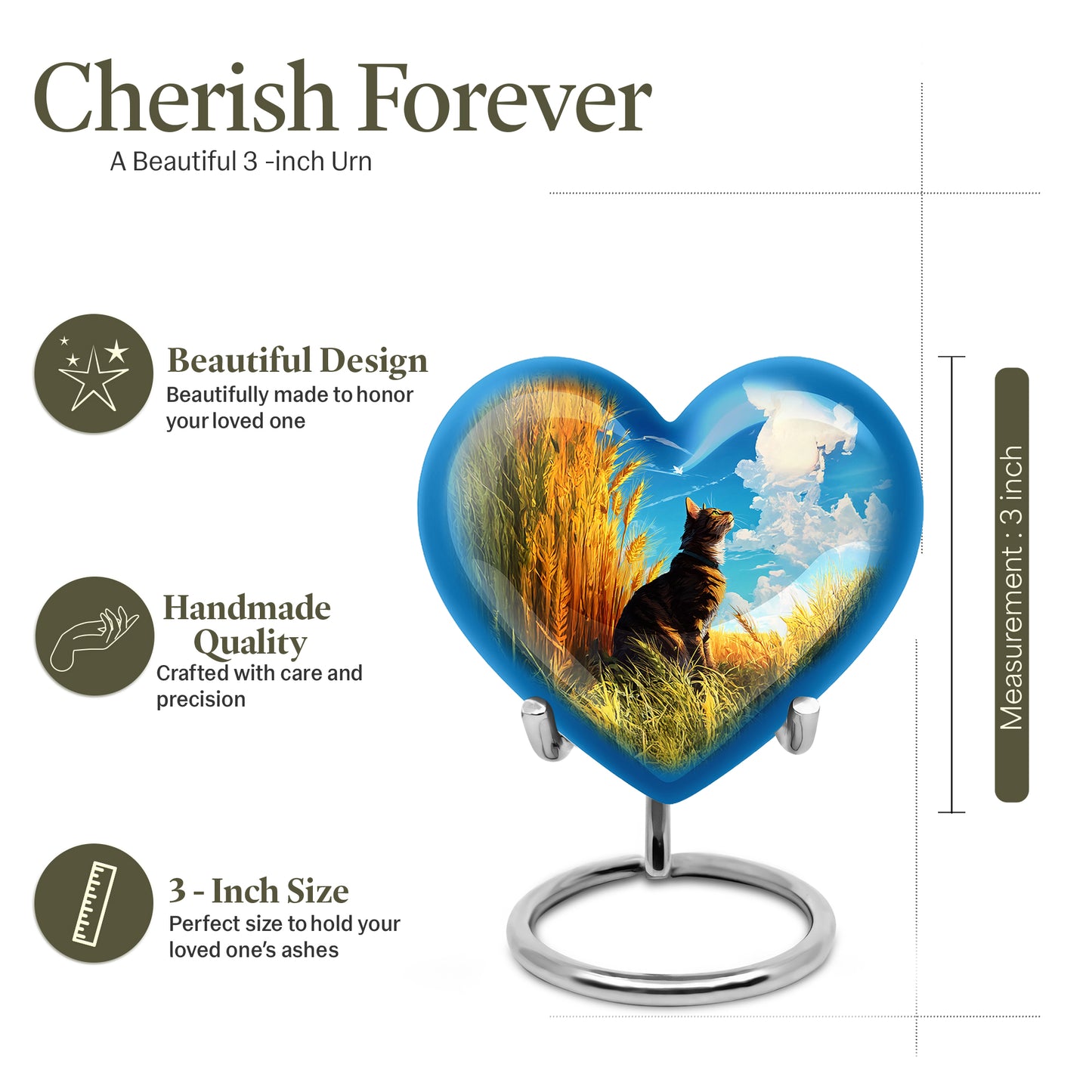Steel Blue Cat Cremation Urn front view showing detailed design - compassionate heart-cat combination with gentle curves - mini keepsake memorial for portion of cremation ashes