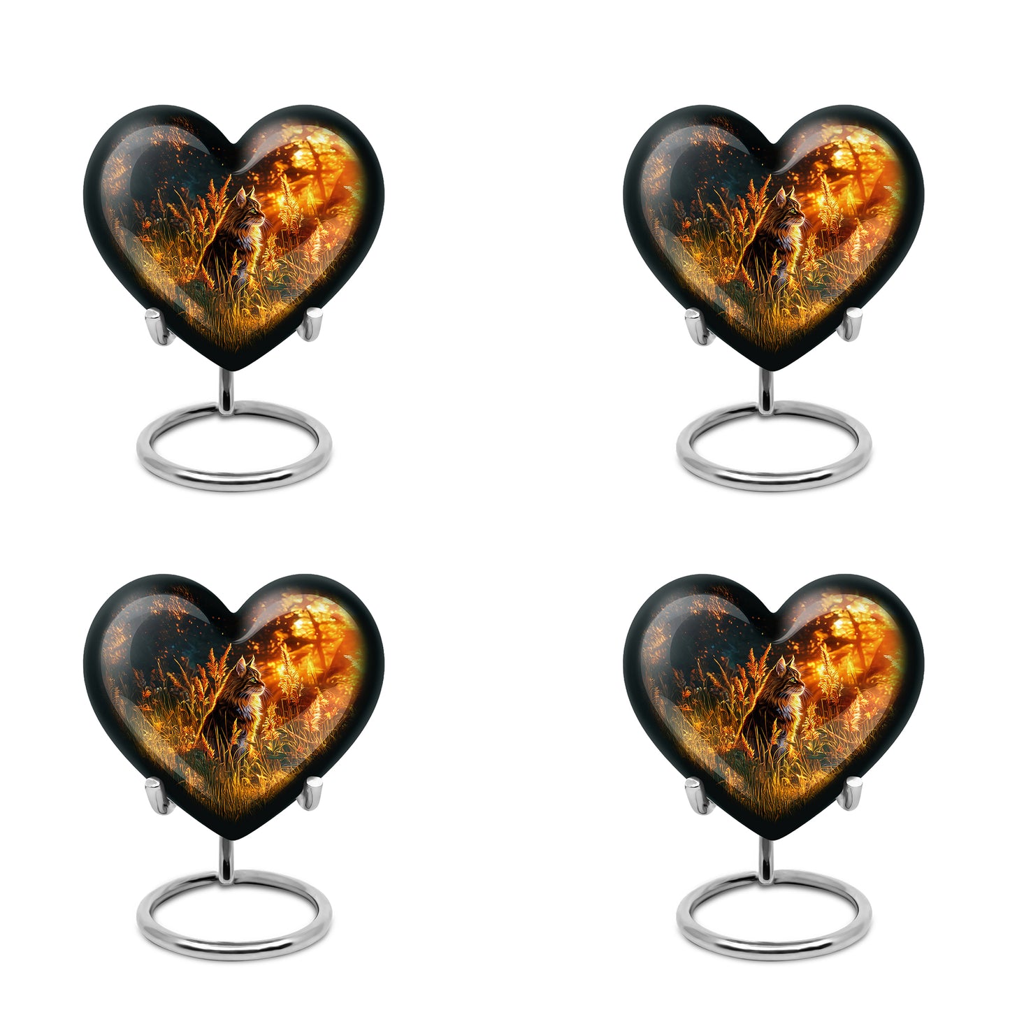 Rich Black Cat Cremation Urn angled view of lid and engraved motif - heart-shaped cat design symbolizing eternal love - 10 inch aluminum urn for cremated remains