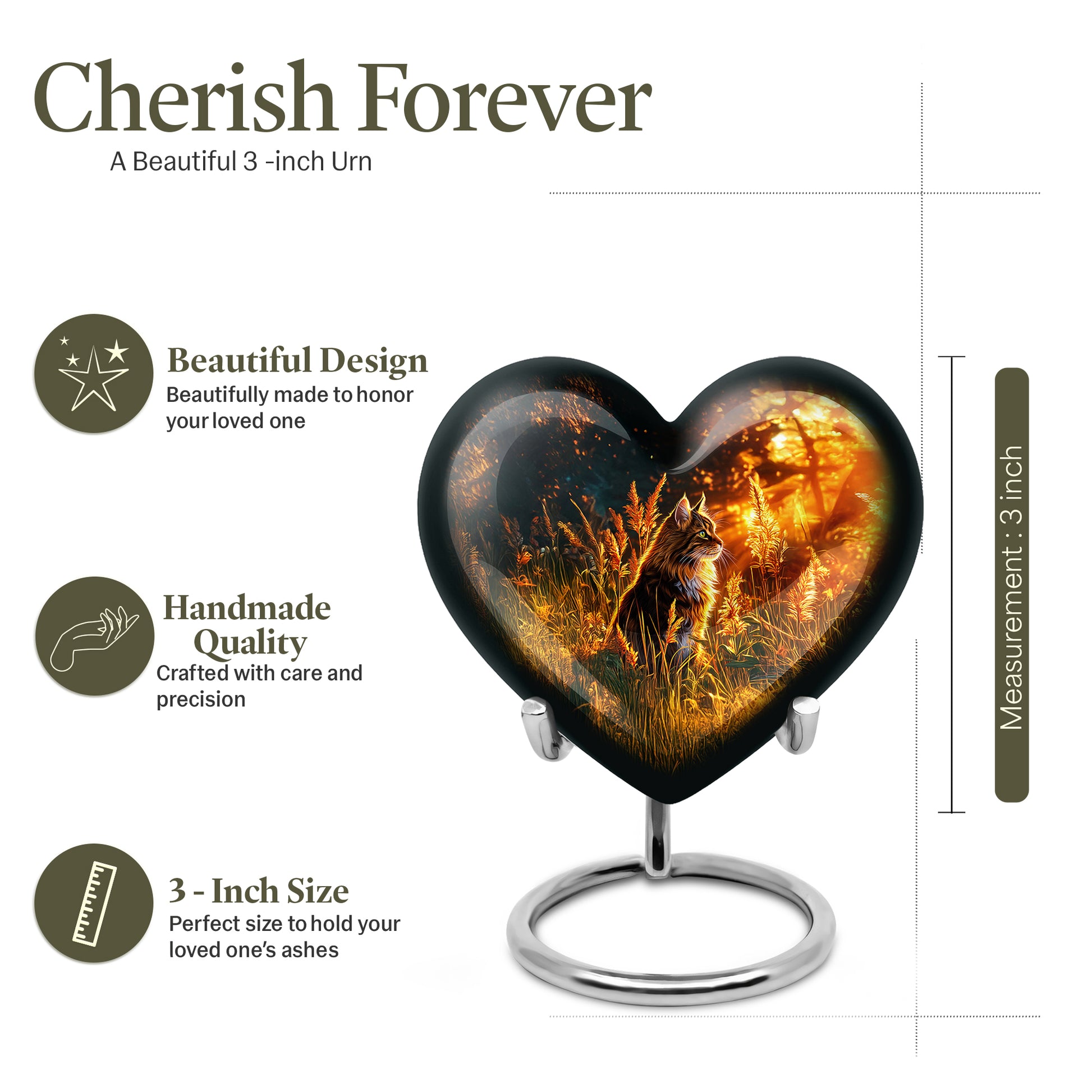 Midnight Black Cat Cremation Urn front view showing detailed design - compassionate heart-cat combination with gentle curves - mini keepsake memorial for portion of cremation ashes