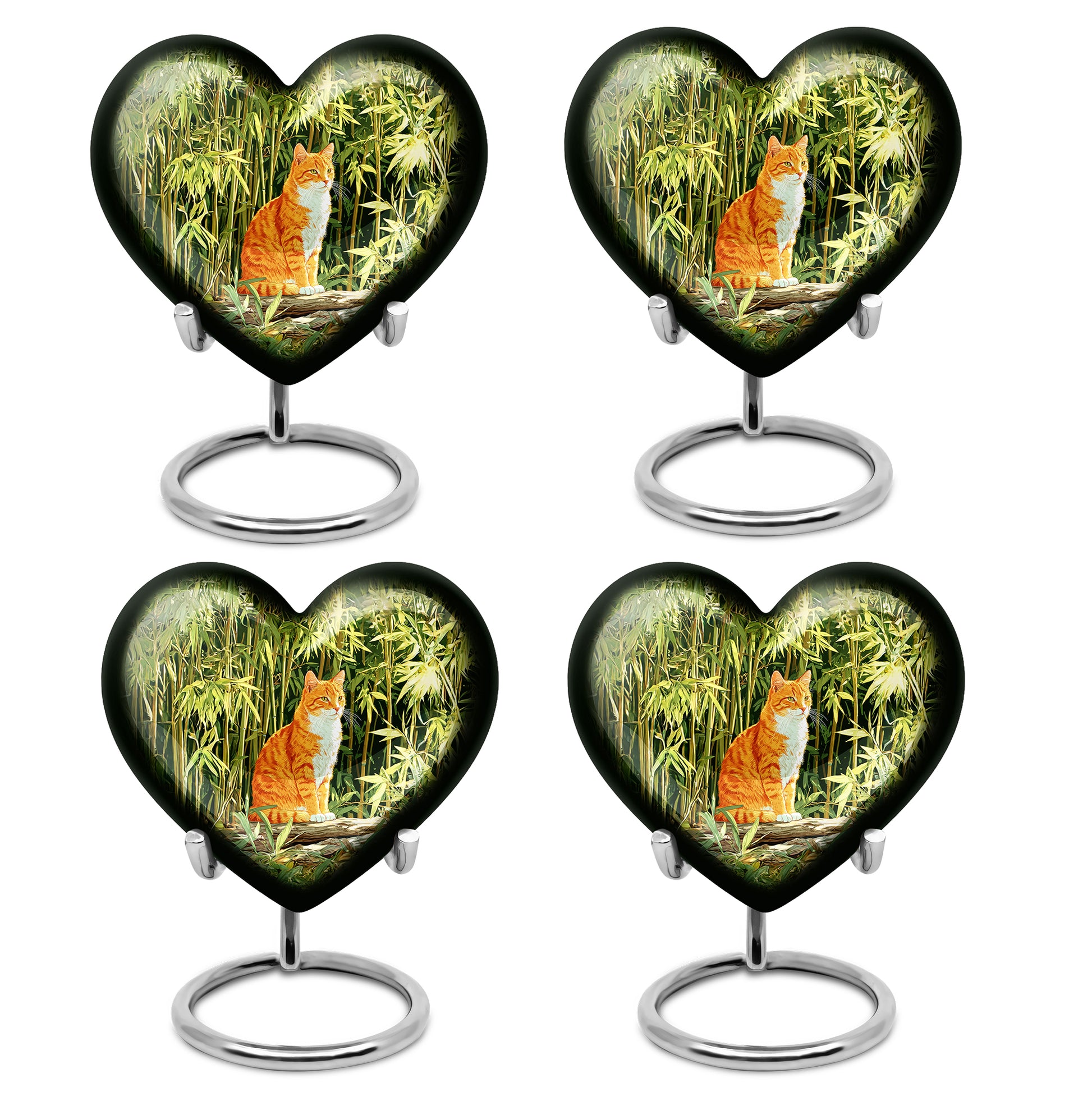 Forest Green Cat Cremation Urn angled view of lid and engraved motif - romantic heart urn with cat motif on aluminum - 10 inch aluminum urn for cremated remains