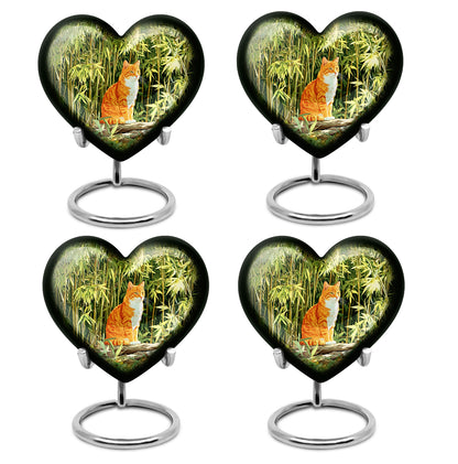 Forest Green Cat Cremation Urn angled view of lid and engraved motif - romantic heart urn with cat motif on aluminum - 10 inch aluminum urn for cremated remains