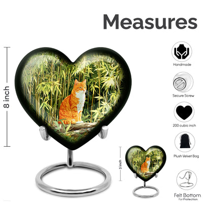 Olive Green Cat Cremation Urn front view showing detailed design - compassionate heart-cat combination with gentle curves - mini keepsake memorial for portion of cremation ashes