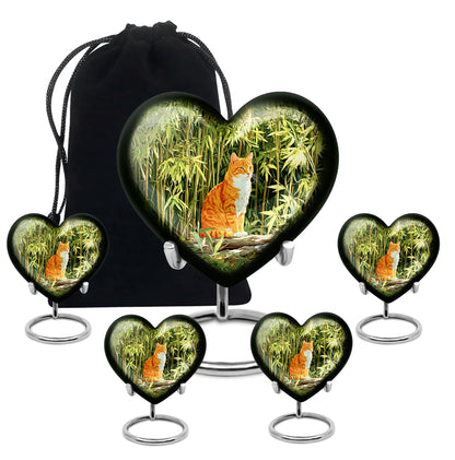 Hunter Green Cat Cremation Urn close-up of engraving and surface detail - romantic heart urn with cat motif on aluminum - memorial set with one large and four small urns