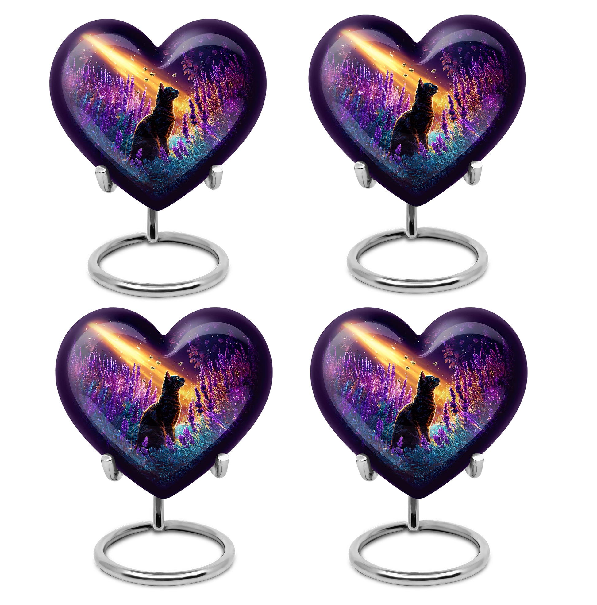 Twilight Purple Cat Cremation Urn angled view of lid and engraved motif - compassionate heart-cat combination with gentle curves - 10 inch aluminum urn for cremated remains