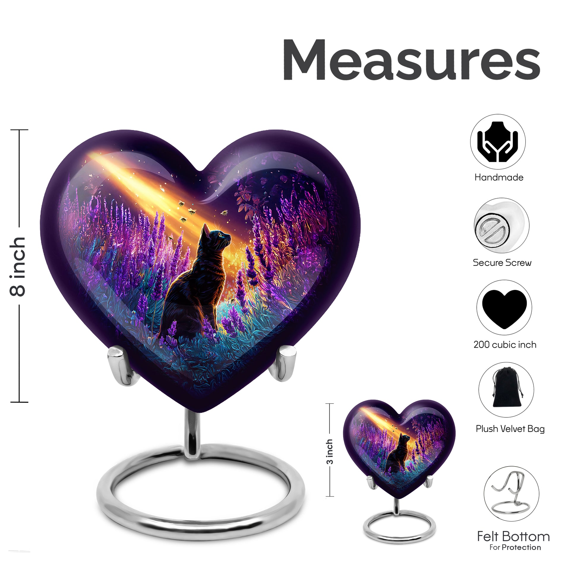 Deep Purple Cat Cremation Urn front view showing detailed design - heart-shaped cat design symbolizing eternal love - mini keepsake memorial for portion of cremation ashes