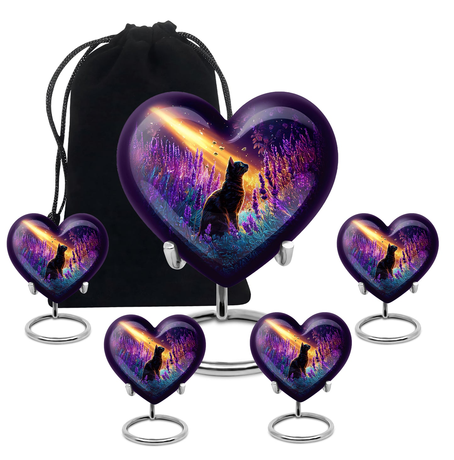 Majestic Purple Cat Cremation Urn close-up of engraving and surface detail - loving heart memorial featuring cat pattern - memorial set with one large and four small urns